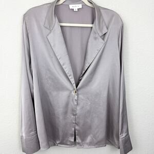 Mable Womens Long Sleeve Satin Top Blouse Size M Flowy Collared Neutral Gray